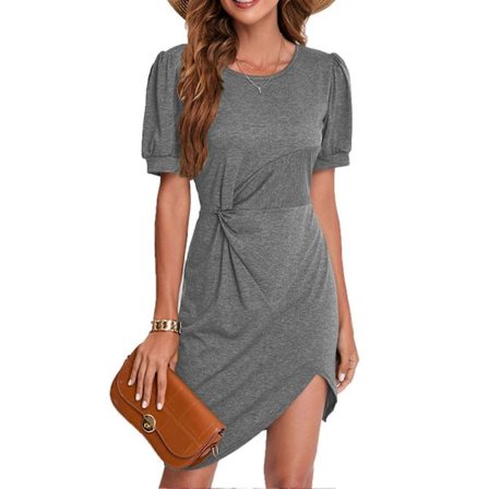 Kort klänning med puffärm för damer, rund hals, tvistad oregelbunden fåll, enfärgad sommarklänning för vardagsbruk