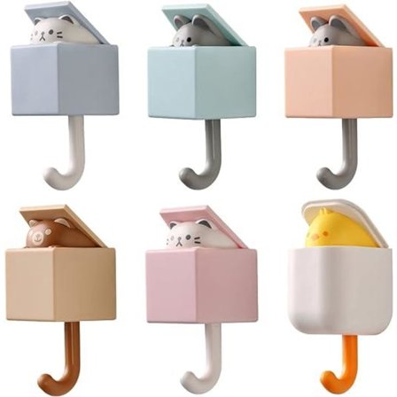 Setti, jossa 6 Söpöä Itsekiinnittyvää Eläinkoukkua, Seinään Asennettava Sisäänvedettävä Vaateripustin Lasten Vaateripustin Pyyhekoukku Avaimenperä
