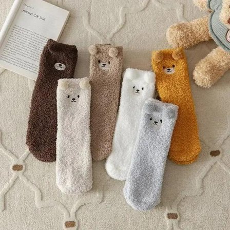 Women Socks 2023 Winter Cute Bear Coral Fleece Fuzzy Socks Female Autumn Happy Funny Socks For Girl Warm Winter Female Home