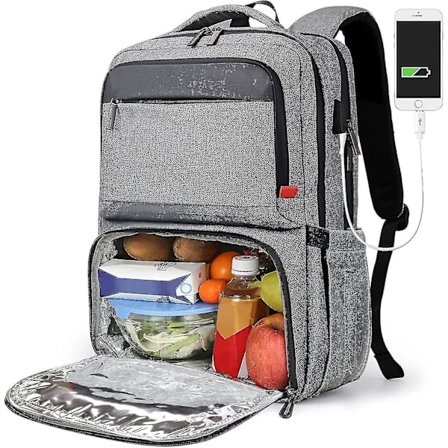 Frokost Rygsæk til Kvinder, Isoleret Kølerygsæk med Frokostrum, College Skoletaske med USB-port, Passer til 15,6 tommer Laptop