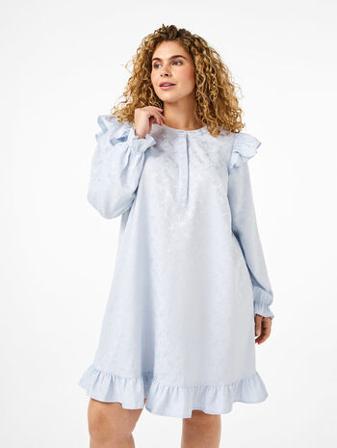 Store Størrelser Festkjoler - Zizzi Jacquardkjole med lange ermer og volangdetalj Blå ( 46-48 ) | Klær i Plus Size til dame