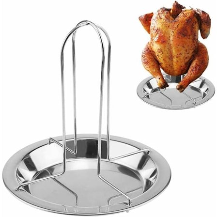 Rostfritt stål vertikal grill kycklingställ, hopfällbar rotisserie, kycklingrost med droppbricka för ugn eller grilltillbehör