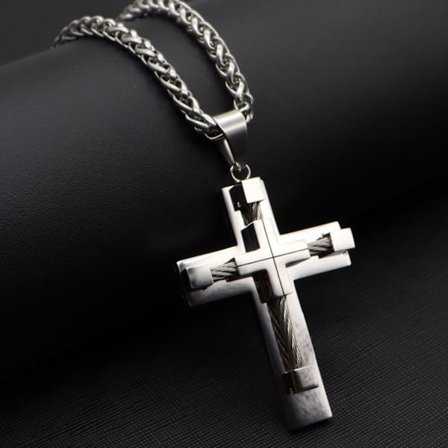 Halsband i rostfritt stål med korshänge i vajer - Trendigt herrhänge i titanstål