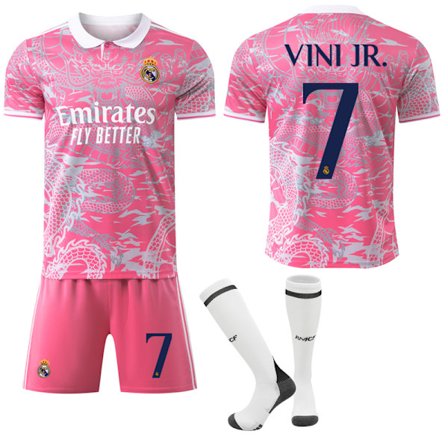 25-26 Real Madrid CF Rosa Drakmönster Special Anniversary Edition NO.7 VINI JR. Tröjor Barn Vuxen Fotbollsutrustning med Strumpor