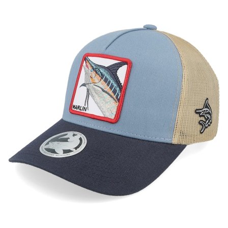 Skillfish - Beige trucker Caps - Marlin Box Light Blue/Khaki/Navy A-frame Trucker @ Hatstore