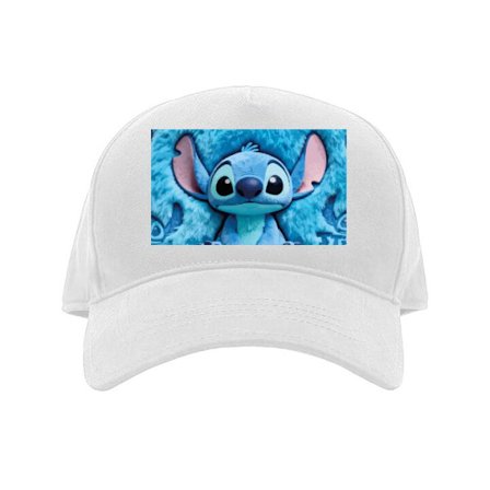 Kasket Blå Stitch-plyssjfigur med store ører og broderede detaljer, siddende mod et gentaget mønster i matchende blå nuancer