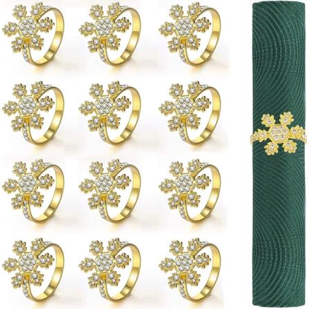 12 kpl (4,5 cm x 4,5 cm) jouluaiheisia serviettirenkaita, kultaiset lumihiutale-servietit