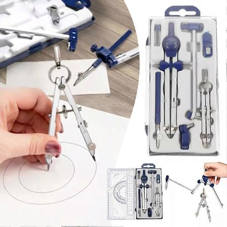 Tegnesett med passer og sirkeltegningsverktøy, med linjalsett for skolebruk