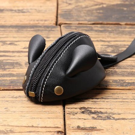 Lær muse pung, dame pung med glidelås, søt myk lær pung mini størrelse - Svart