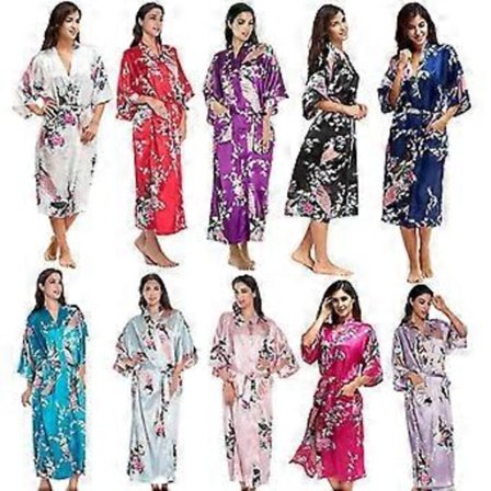 Dam Blommig Tryckt Mjuk Satin Kimono Morgonrock Bröllop Badrock Sovplagg