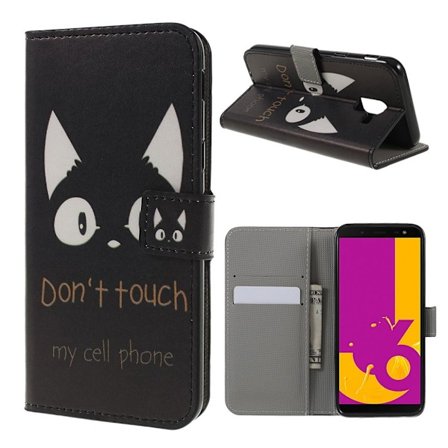 Samsung Galaxy J6 Kuvallinen Seisova PU Nahkinen Suojaava Lompakko Kotelo - Do Not Touch My Phone Teksti ja Kissa