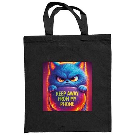 Stofpose Vred fluffy blå kat med teksten Keep Away From My Phone i neonfarver og ildlignende effekter, humoristisk digital illustration