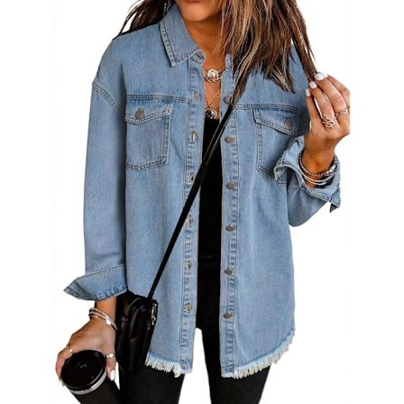 Oversized Denimjakke for Kvinner, Avslappet Lang Boyfriend Distressed Jeans Skjorte