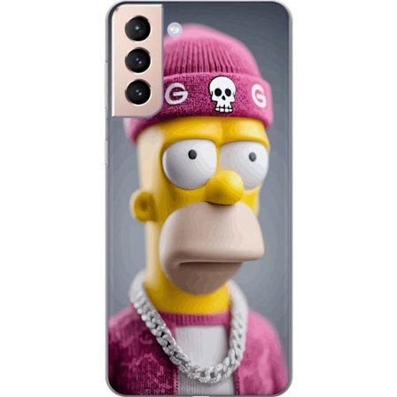 Kompatibelt Mobildeksel til Samsung Galaxy S21 Homer Simpson-inspirert figur i rosa lue, kjede og gatestil perfekt for fans av Simpsons og moderne kar