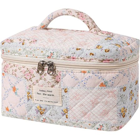 Stor quiltet makeup taske til kvinder og piger, sød Coquette blomstret bomulds kosmetiktaske, æstetisk rejseorganiseret toilettaske (05Pink Flower)