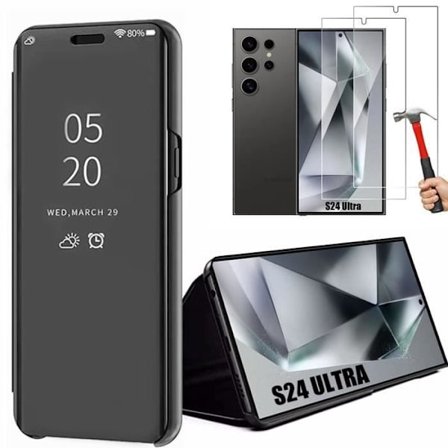 Skal - Clear View - för Samsung Galaxy S24 Ultra - Svart - Represistent Skydd - med 2 Härdat Glas