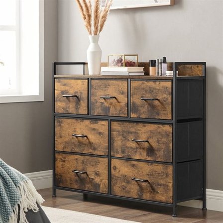 Kommode med 7 skuffer - rustik brun/Sort