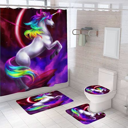 Heste Bruseforhængssæt 4 Dele Badeværelsessæt (stil 5), Sort Hest Dyr Vandafvisende Bruseforhæng