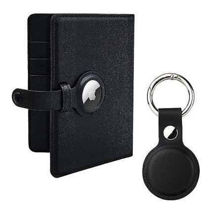 Airtag Wallet Case With Card Holder Passport Wallets Passport Covers Rfid Blocking Airtag Keychain Case Pu Leather Black