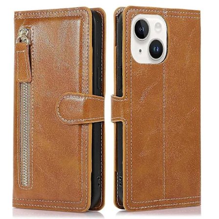 For iPhone 15 Wallet Case Zipper Pocket Shockproof PU Leather Shell Flip Stand Phone Cover