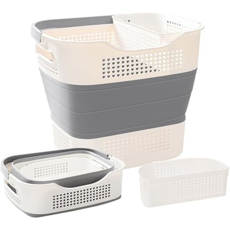 Sammenklappelig vasketøjskurv i plast, 35L sammenklappelig vasketøjskurv til små rum, vasketøjskurv i plast med håndtag (grå)