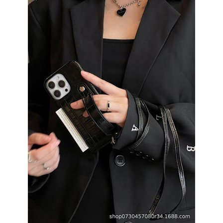 Fodral för iPhone14promax svart kortinsättning armband crossbody halvtäckande stativ