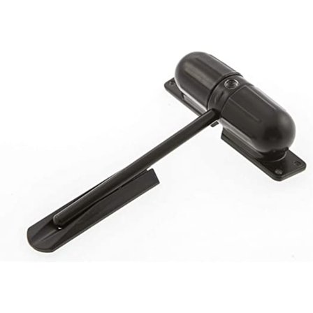 Musta, pinta-asennettava, jousikuormitteinen oven sulkija 1/2 tunnilla