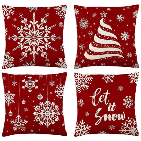 Set med 4 Merry Christmas Snöflingor Dekorerade Örngott Kuddfodral Familj Soffa Fyrkantig