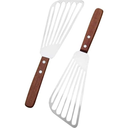Stekspade med slitsar, värmebeständig: 2-delat set med nitade trähandtag, 11" rostfria blad för grillning och matlagning