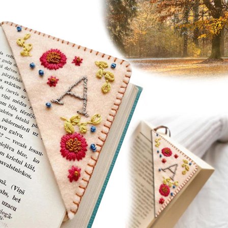 Personlig Håndbrodert Hjørnebokmerke, Håndsydd Filt Hjørnebokmerke med Bokstav, Filt Trekantbokmerke, Søtt Blomsterbokstav Broderi Bokmerke