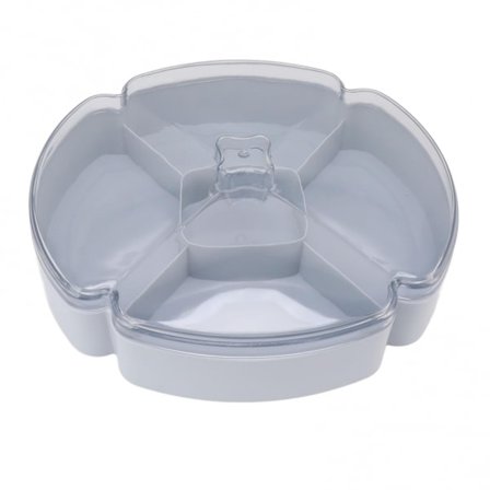 Rund plastmatserveringsbrett med 5 rom for frukt, nøtter og godteri