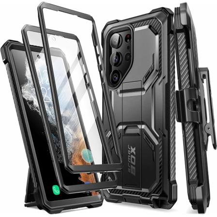 lason Armorbox Designad för Samsung Galaxy S23 Ultra Skal med Stativ & Bältesklämma Holster, [Extra Front Frame] Full-B Svart
