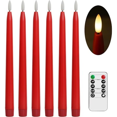 Røde flammeløse koniske lys med fjernkontroll - 28 cm LED-lysestaker batteridrevet realistisk 3D-flamme med veke timer julesett med 6 [SL]