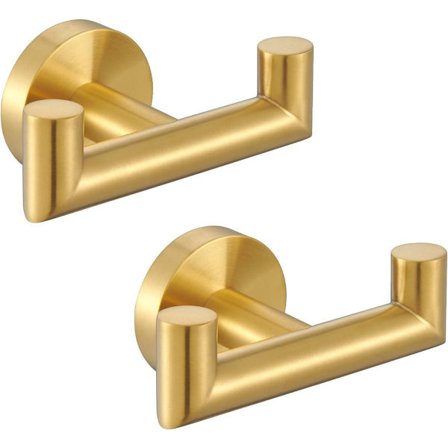 2-delt badeværelseskrog, Håndklædeholder, Vægmonteret håndklædeholder, Dobbelt tøjkrog i rustfrit stål, Badekåbekrog, Dobbelt håndklædeholder - Guld