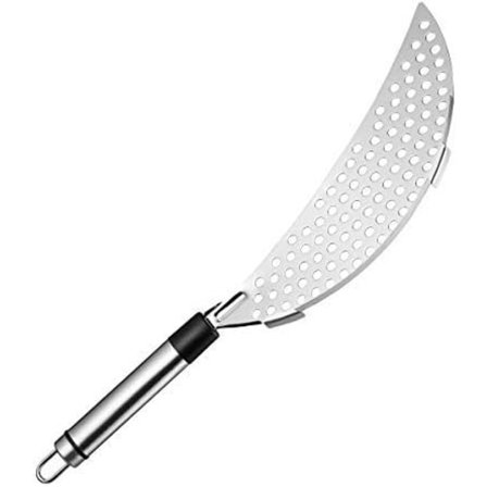 Pastasåll med handtag, halvmåneformad sil i rostfritt stål