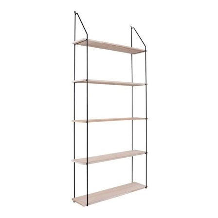 5-vånings hylla i naturträ med svart ram 65 x 17 x 145 cm