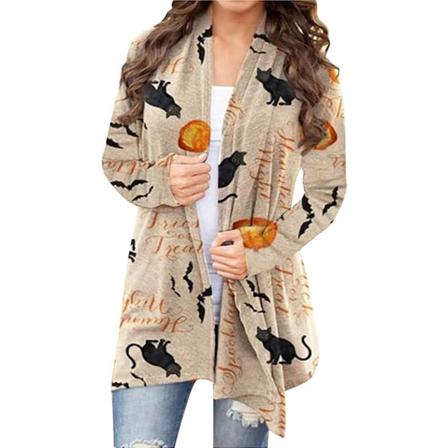Kvinnors Halloween Cat Pumpkin Cardigan Långärmad Öppen Fram Kn