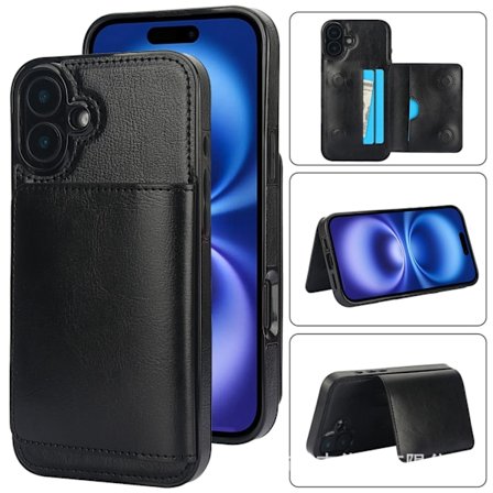 Fodral för iPhone16E/SE4 2025 svart [Z Earl Series] Crazy horse grain läder korthållare anti fall