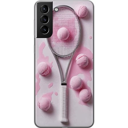 Kompatibel Mobilcover til Samsung Samsung Galaxy S21+ 5G Rosa glaskugler og tennisketsjer i et kreativt stillbillede med legende popfølelse og modern