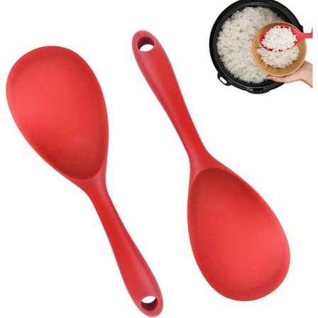 Non-stick Silikone Ris Ske, 23 x 7cm Køkken Ris Ske med Hængehul, Rød Silikone Ske til Ris Kogere, Silikone Ris Serveringsske til Omrøring