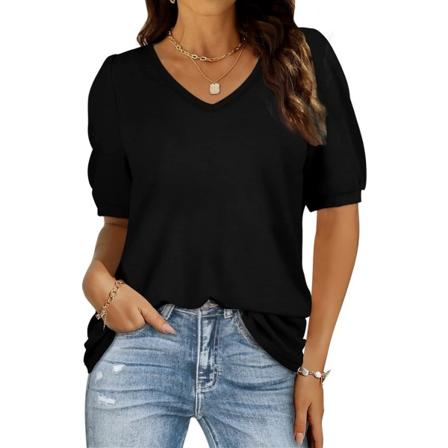 ens Sommartoppar V-hals Puffärm Lös Passform Mode Casual T-shirts S-2XL 01-svart Liten