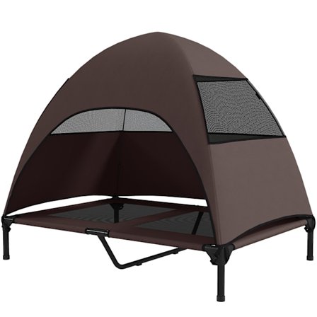 Hundsäng utomhus med tak, förhöjd hundsäng för stora hundar, svalkande sällskapsstol med tvättbar metallram av metall, sällskapssäng för utomhuscampin