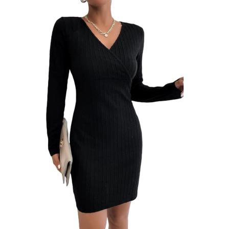 Ribbstickad V-ringad klänning för kvinnor med långärmad omlottpenna-miniklänningar