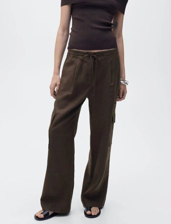 Mango Linen Cargo Trousers - Brown - 36