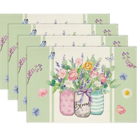 Dækkeserviet Forår 30x45cm, Vaskbar Dækkeserviet med Blomster og Sommerfugle, Bordløber i Hør med Tulipaner og Lavendel til Køkken, Fest