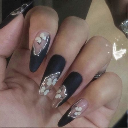 Ovale Press-on Negler Medium Lengde Sommerfugl Løsnegler Svarte Matte Falske Negler Lange Faux Negler Kunst Full Dekning Akrylnegler med Design for 