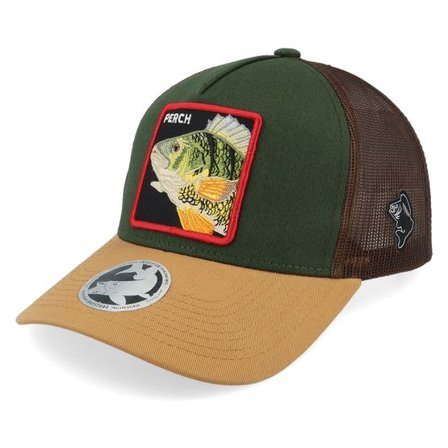 Skillfish - Brun trucker Keps - Perch Box Dark Green/Brown/Wheat A-frame Trucker @ Hatstore