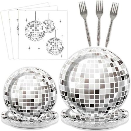 96 Delar 70-tals Disco Party Servisset 70-tals Disco Födelsedagsfest Tillbehör Silver Disco Boll Party Papperstallrikar Servetter Gafflar för 24 