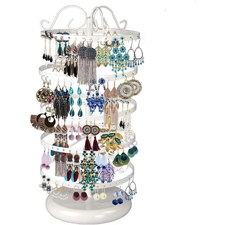 5 Våningar Metall Roterande Örhängeshållare Organizer, Utsökt Smyckesställ Halsbandshållare, 220 Hål för Örhängen - 14x6.3 Tum (Vit)