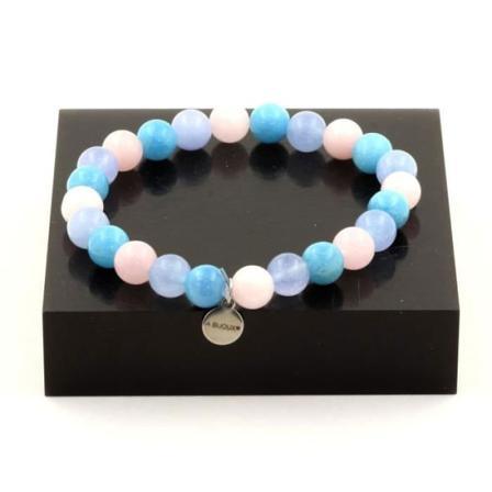 Sten og mineraler. Blå Kalcedon + Akvamarin + Rose Quartz Beads Armbånd 8 mm. Fremstillet i Frankrig.
